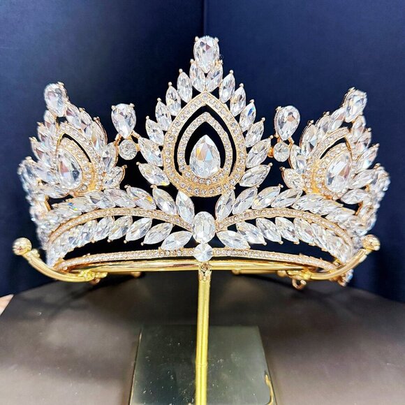 Quinceanera Crown, Clear Rhinestone Crown, Large Size Crown, Gold Crystal Crown main image 4